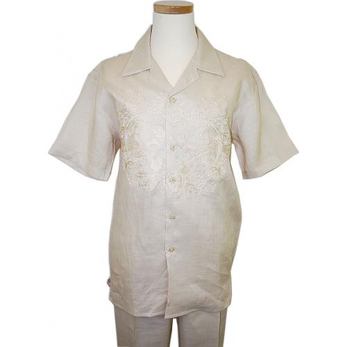 Successo 100% Linen Tan With Embroidered Design 2 Pc Outfit SP3296